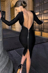Cocktailparty-Midikleid mit tiefem V-Ausschnitt und Reißverschluss hinten - Schwarz